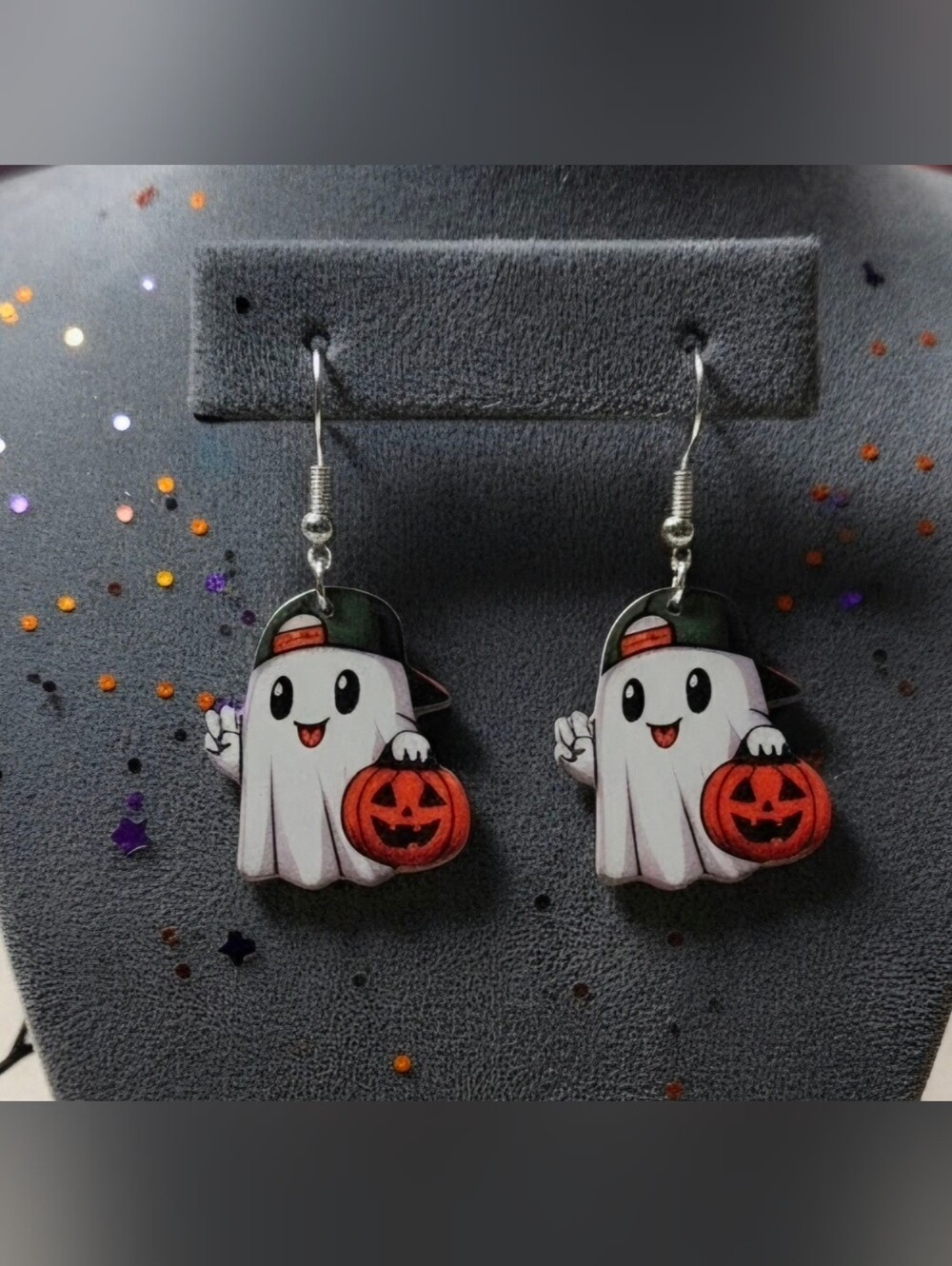 Cute Ghost Halloween Earrings - Orange Pumpkin, Green Hat